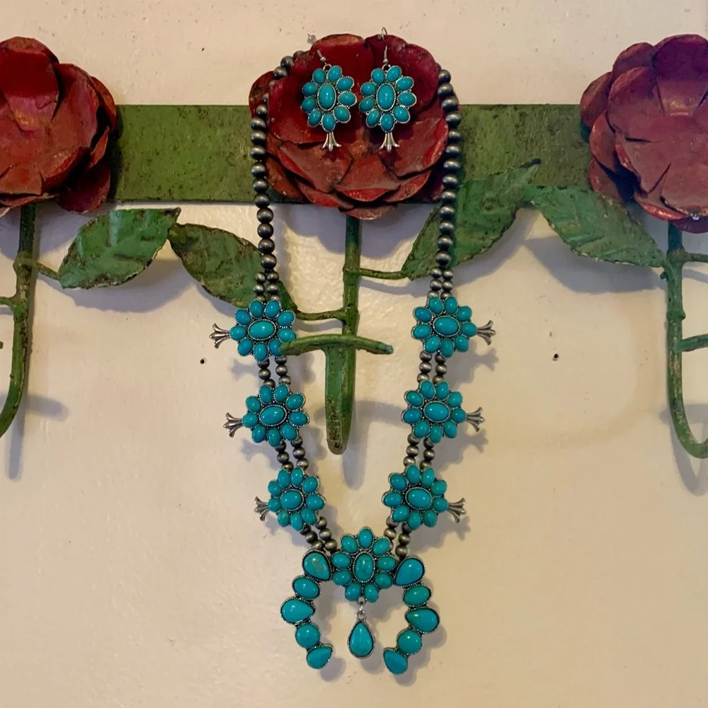 Squash Blossom Necklace and Earring Set in Turquoise